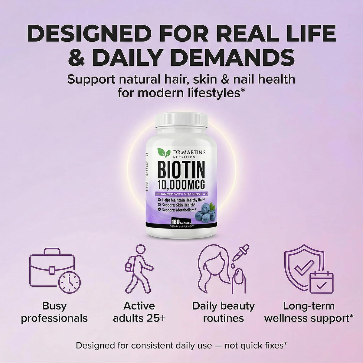 DR. MARTIN'S NUTRITION Biotin 10,000 mcg with Vitamins D3 & E – 180 Capsules - görsel 8