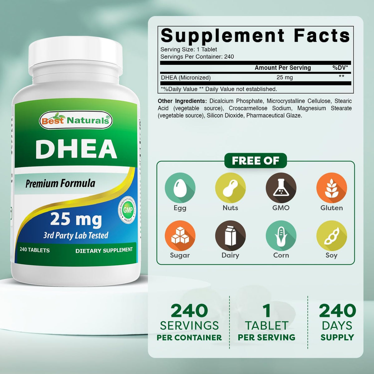 Best Naturals DHEA 25mg Supplement – Hormone Precursor – 240 Tablets - görsel 2