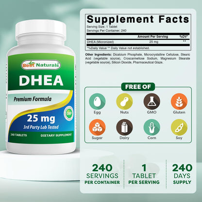 Best Naturals DHEA 25mg Supplement – Hormone Precursor – 240 Tablets
