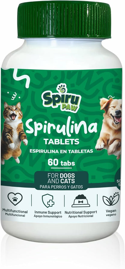 SPIRU PAW Spirulina Tablets for Dogs & Cats, Plant-based Microalgae Pet Supplement, Easy Daily Tablet, Supports Daily Wellness & Skin & Coat, 60 Count