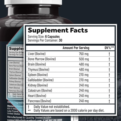 Beef Organ Supplement Complex – 10 Organ Grass-Fed Proprietary Blend: Liver, Marrow, Brain, Thymus, Spleen, Kidney, Colostrum, Heart, Pancreas, Gallbladder – 180 Capsules