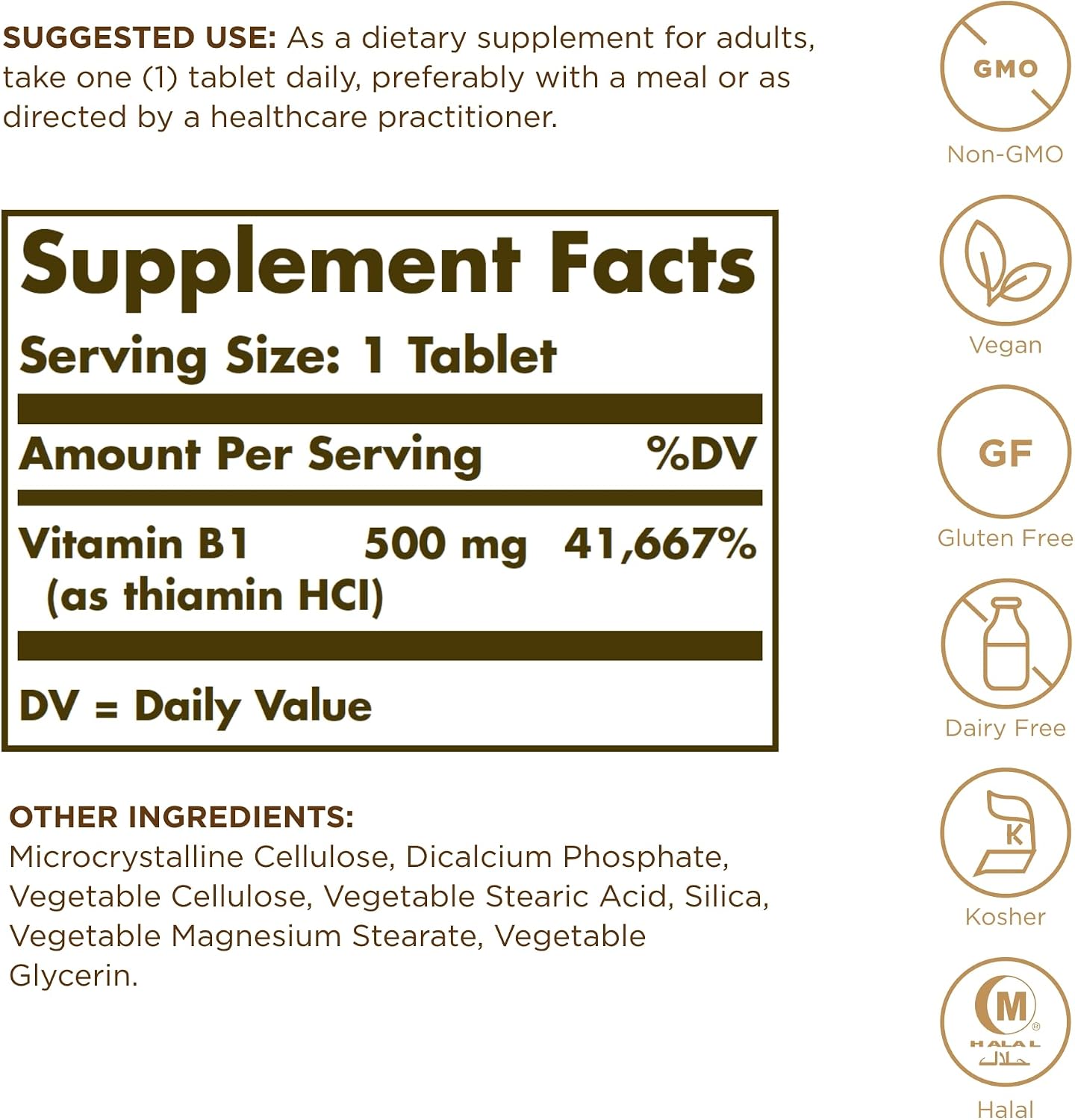 Solgar Vitamin B1 (Thiamine) 500 mg, 100 Tablets – High Strength, Non-GMO, Vegan, Gluten Free, Kosher, Halal - görsel 2