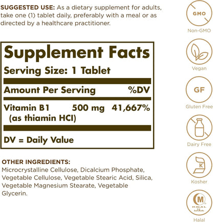 Solgar Vitamin B1 (Thiamine) 500 mg, 100 Tablets – High Strength, Non-GMO, Vegan, Gluten Free, Kosher, Halal