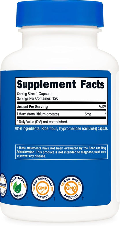 Nutricost Lithium Orotate 5mg, 120 Vegetarian Capsules