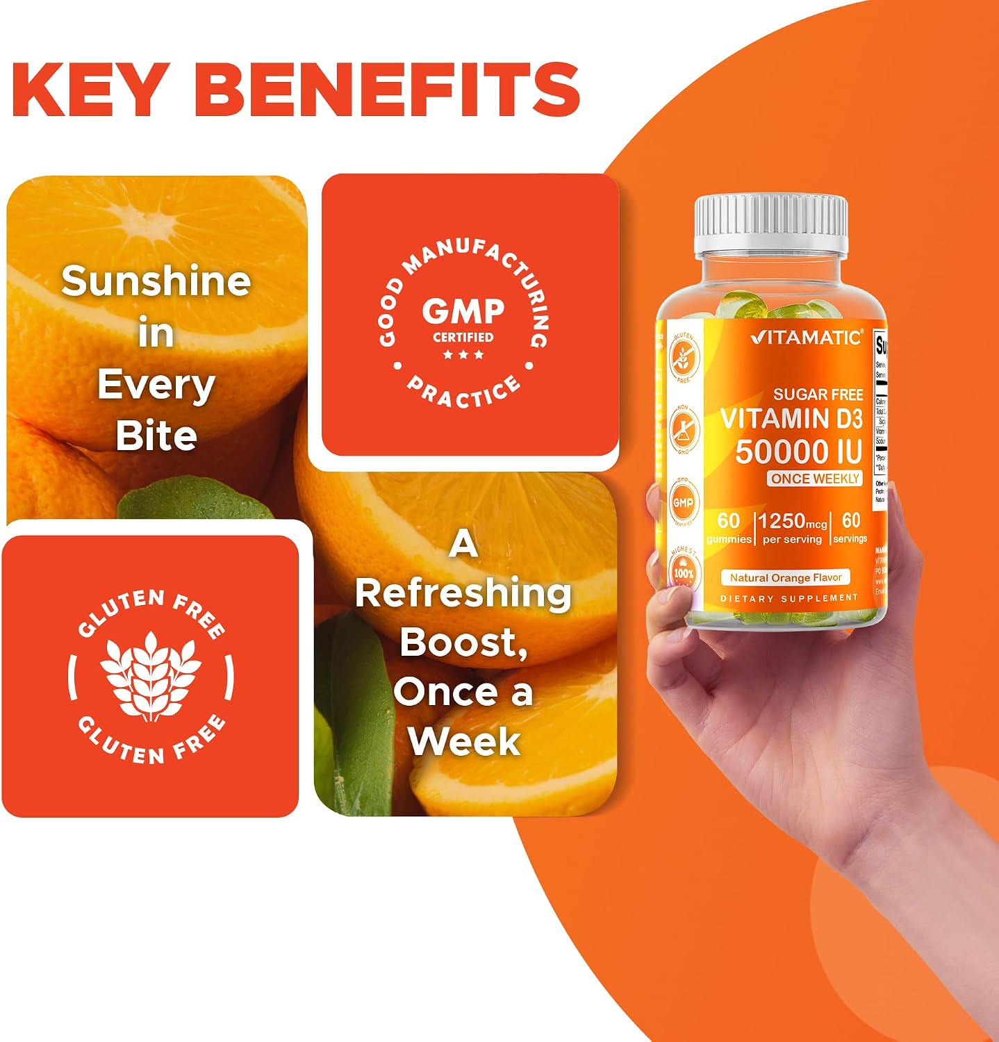 Vitamatic Sugar Free Vitamin D3 50,000 IU Weekly Supplement – 60 Pectin-Based Gummies - görsel 5