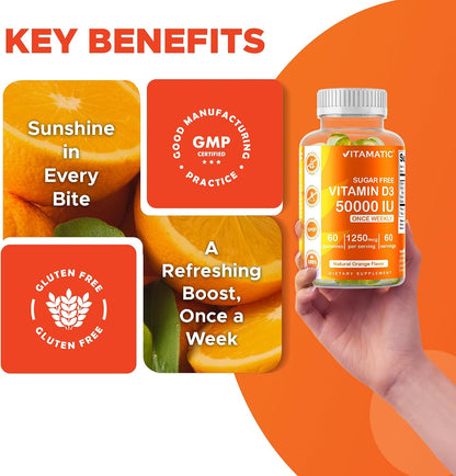 Vitamatic Sugar Free Vitamin D3 50,000 IU Weekly Supplement – 60 Pectin-Based Gummies