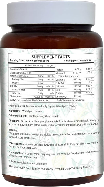 AyurForest Wheatgrass Tablets - Organic Herbal Supplement, 500mg, 120 Count