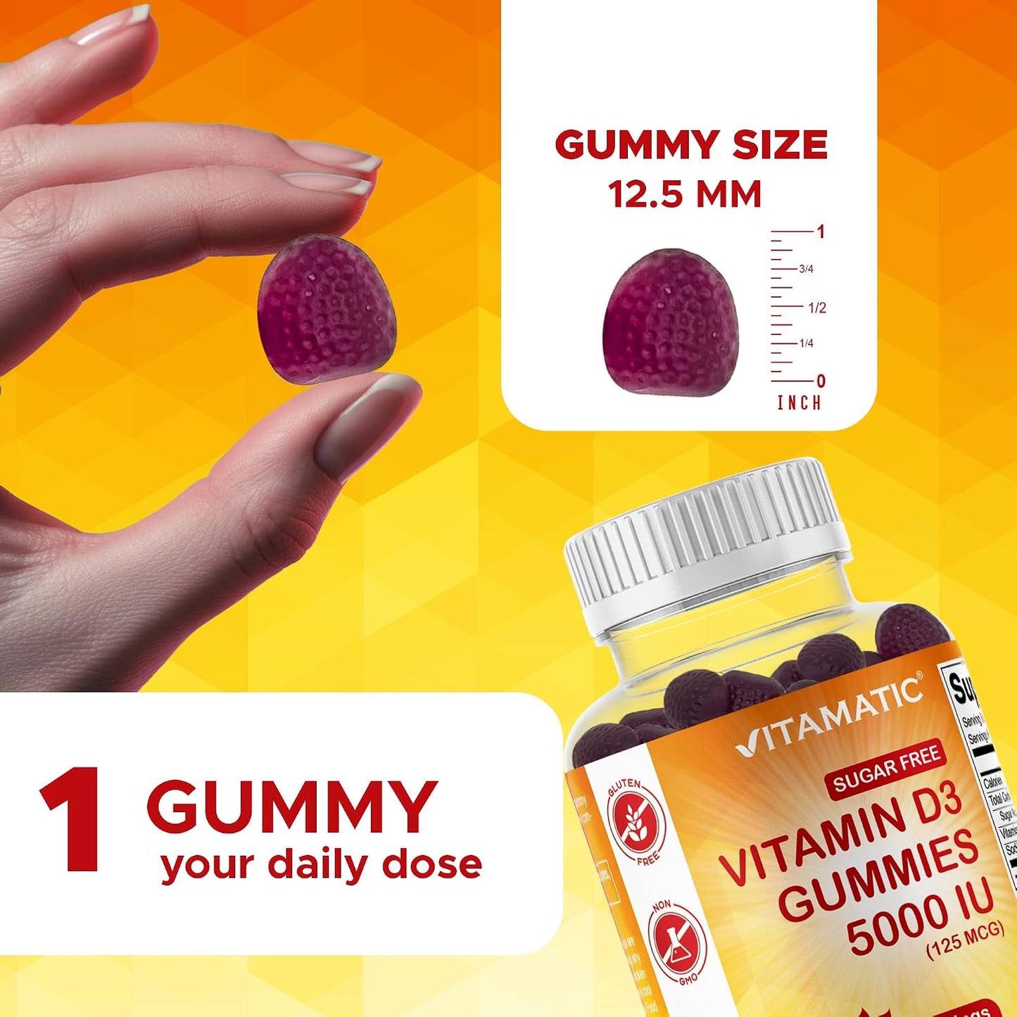 Vitamatic Sugar Free Vitamin D3 5000 IU Gummies – Natural Blackberry Flavour (120 Count) - görsel 3
