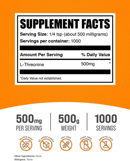 BulkSupplements L-Threonine Powder, 500mg per Serving, 500g