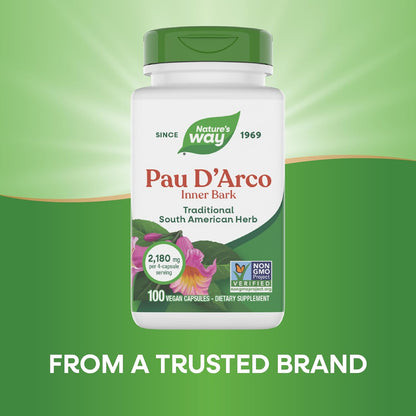 Nature's Way Pau d'Arco Inner Bark, Traditional South American Herb, 2,180 mg per 4-Capsule Serving, 100 Capsules