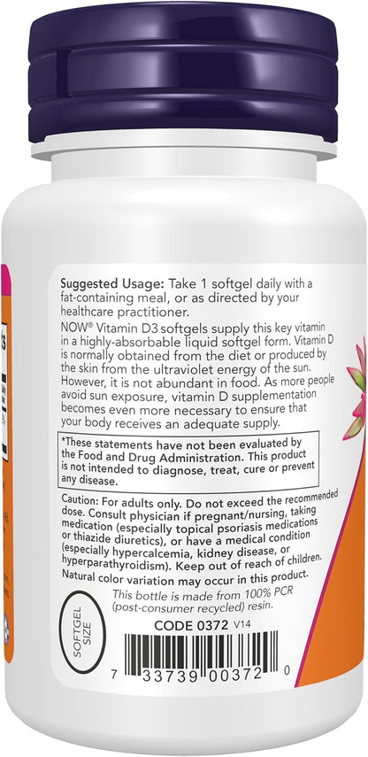 NOW Foods Vitamin D3 5,000 IU, High Potency, Supports Immune & Bone Health, 120 Softgels