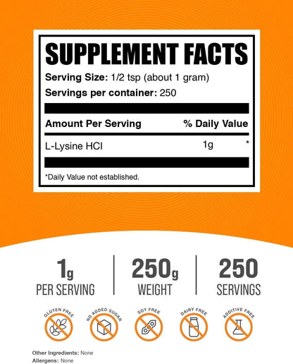 BulkSupplements L-Lysine Powder (250g) – 1g per Serving