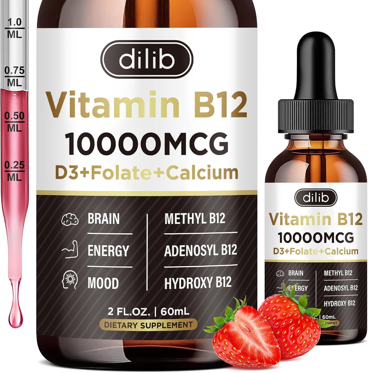 dilib Vitamin B12 Liquid Drops 10000 mcg - Triple B12 Complex - Strawberry - görsel 1
