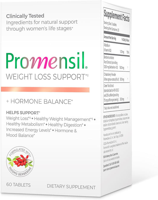 Promensil Weight Management Support - Berberine Hydrochloride Supplement for Women, Healthy Weight Management, Metabolic Support with EGCG Green Tea Extract, 1500mg Berberine Per Serving - 60 Tablets