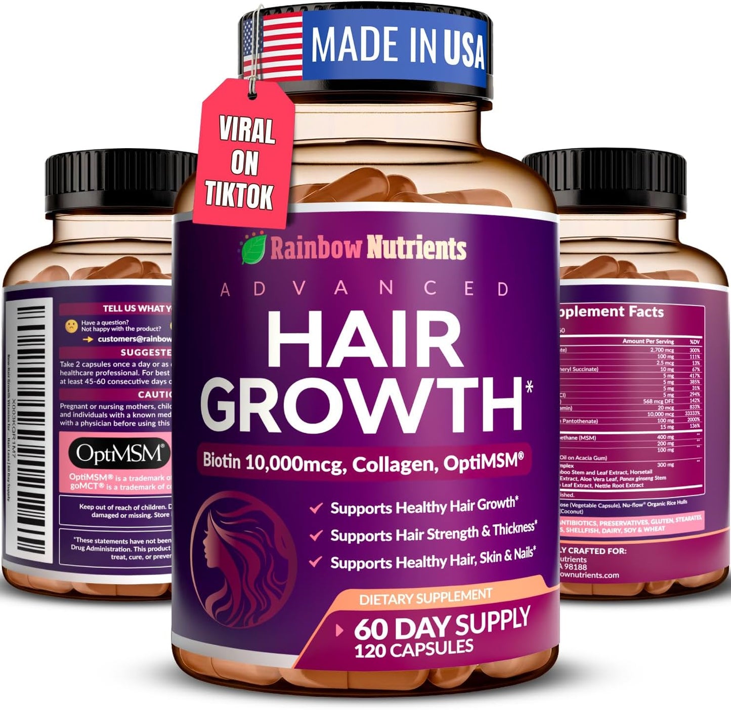 Rainbow Nutrients Hair Growth Vitamins for Women | Biotin 10,000mcg, Collagen, OptiMSM, Saw Palmetto | 60-Day Supply - görsel 1