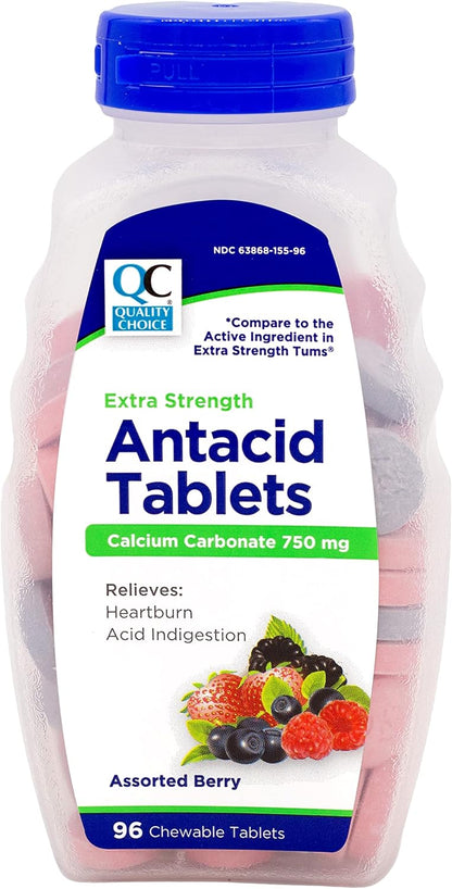 Quality Choice Extra Strength Antacid Tablets, Calcium Carbonate 750 mg, Assorted Berry Flavour, 96 Chewable Tablets (Pack of 2)