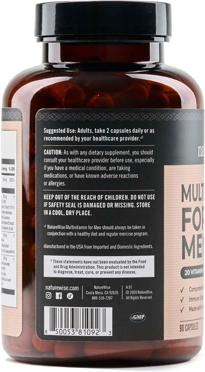 NatureWise Multivitamin for Men - Daily Male Support - Minerals & Herbs for Energy, Performance, Immunity - with Vitamin A, C, D, B-Complex - Soya & Gluten-free, Non-GMO - 90 Capsules (45-Day Supply)