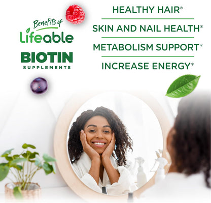 Lifeable Sugar-Free Biotin Gummies - 5000µg Vitamin B7 for Hair, Skin & Nail Health - 90 Gummies