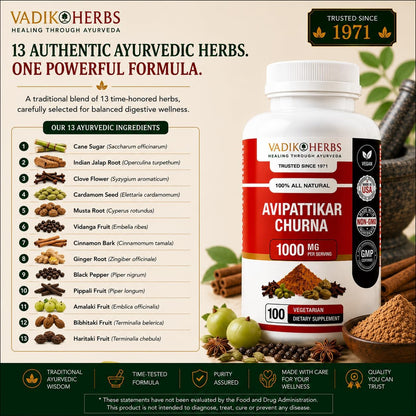 Vadik Herbs Avipattikar Churna, Amla Capsules with Pippali & Ginger, 100 Capsules