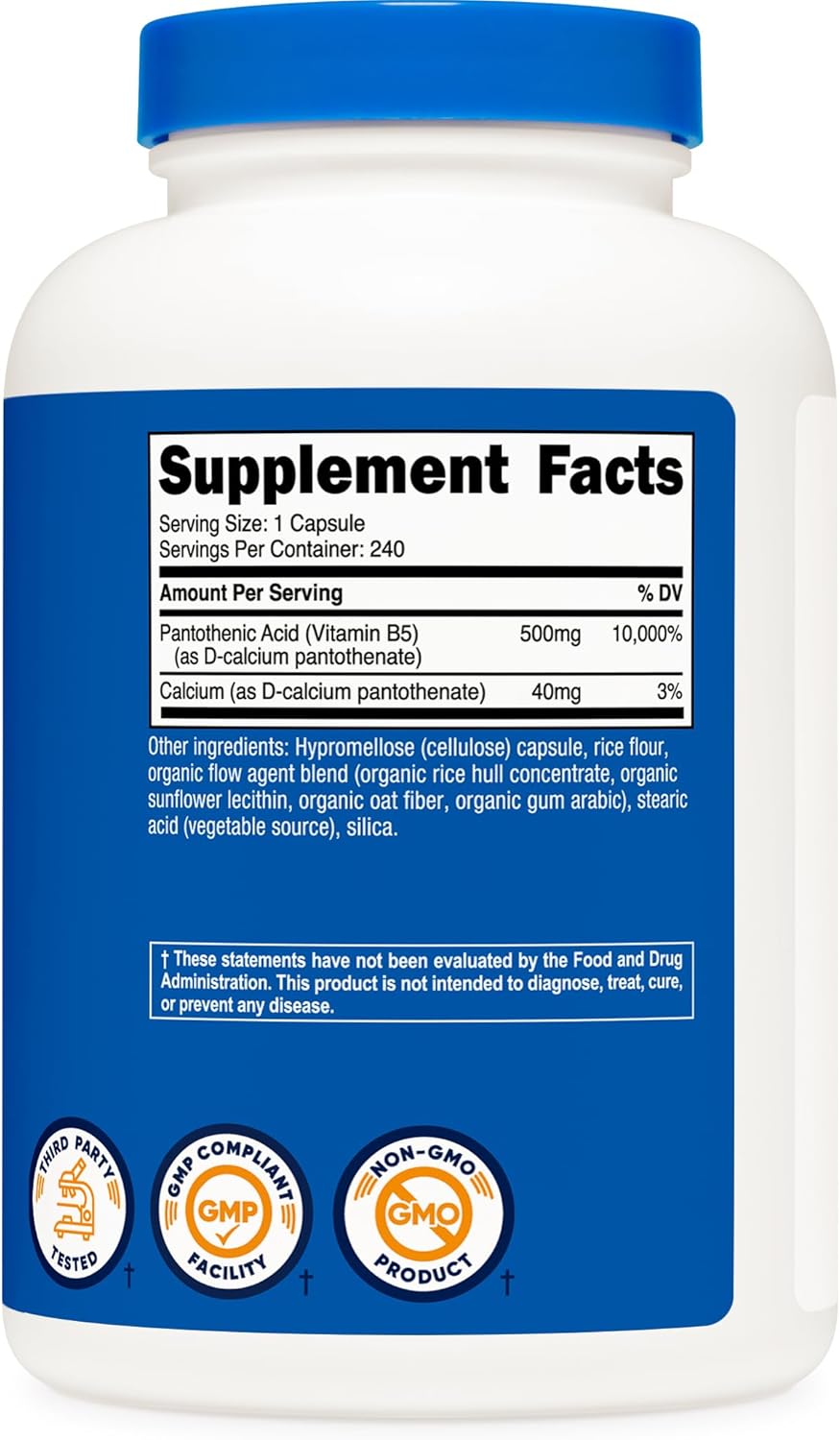 Nutricost Pantothenic Acid (Vitamin B5) 500 mg, 240 Capsules - görsel 5