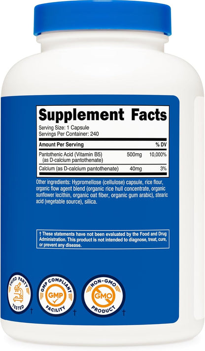 Nutricost Pantothenic Acid (Vitamin B5) 500 mg, 240 Capsules