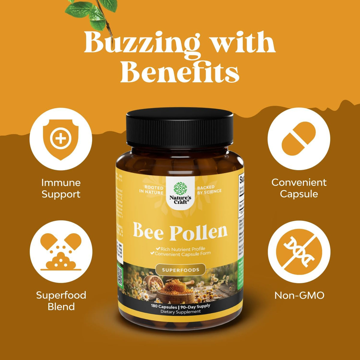 Natures Craft Bee Pollen Pills – 180 Capsules (1000mg per Serving) – Vegetarian, Non-GMO, Gluten-free Supplement - görsel 3