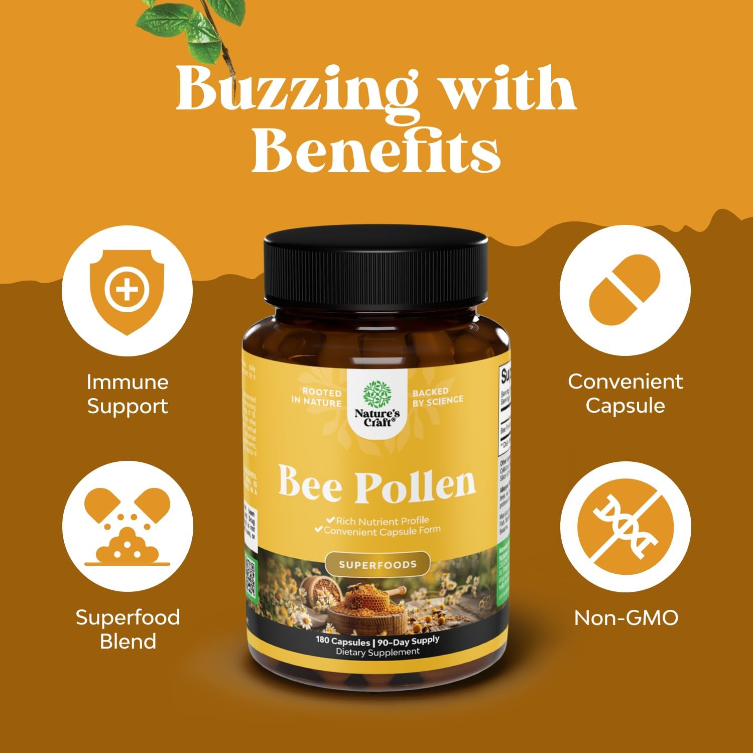 Natures Craft Bee Pollen Pills – 180 Capsules (1000mg per Serving) – Vegetarian, Non-GMO, Gluten-free Supplement - görsel 3