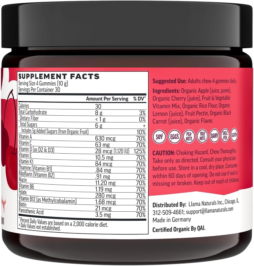 Llama Naturals Multivitamin for Women and Men, Vegan, Organic Gummies with Vitamin D, C and K, Real Fruit Gummy Vitamins, No Added Sugar, Cherry, 120 Gummies - görsel 8