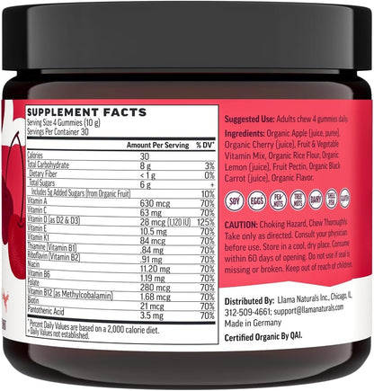 Llama Naturals Multivitamin for Women and Men, Vegan, Organic Gummies with Vitamin D, C and K, Real Fruit Gummy Vitamins, No Added Sugar, Cherry, 120 Gummies