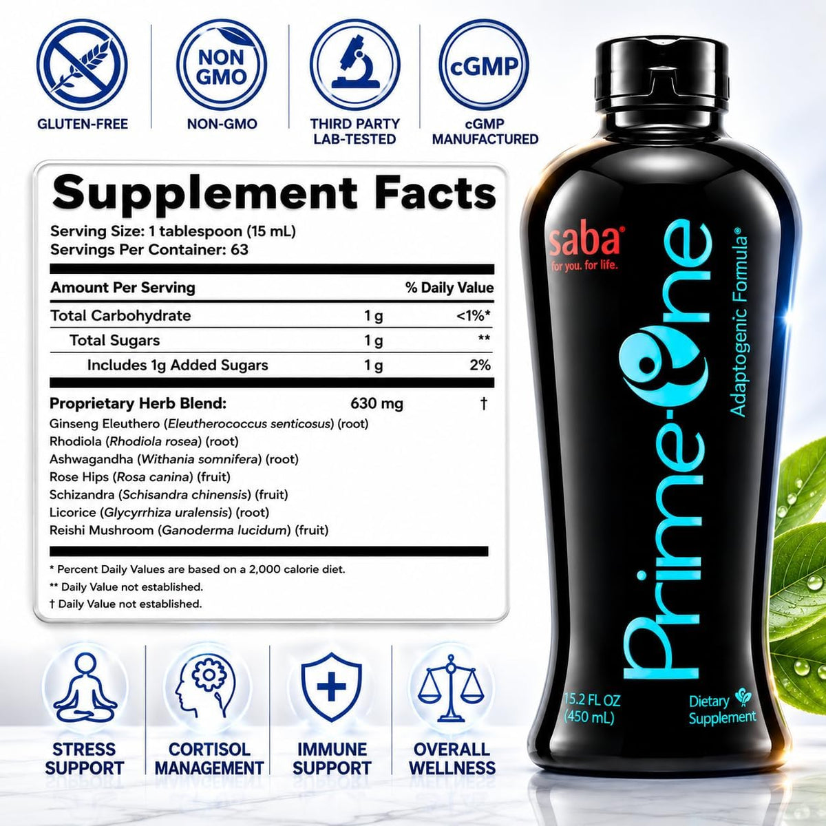 Saba Prime One Liquid Adaptogen Blend - Ashwagandha, Rhodiola, Reishi, Ginseng and Eleuthero - 946 ml (63 Servings) - görsel 2