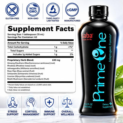 Saba Prime One Liquid Adaptogen Blend - Ashwagandha, Rhodiola, Reishi, Ginseng and Eleuthero - 946 ml (63 Servings)