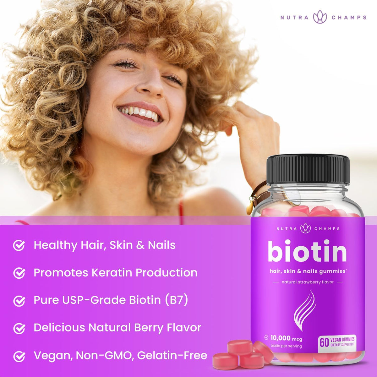NutraChamps Biotin Gummies 10000mcg - High Potency Hair, Skin & Nails Supplement - görsel 2