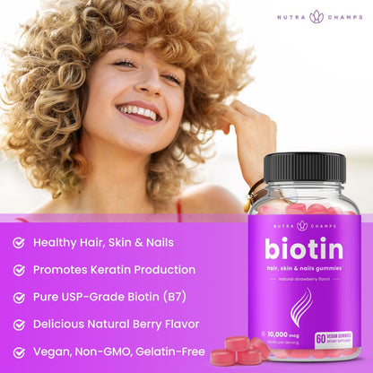 NutraChamps Biotin Gummies 10,000mcg (2 Pack) – High Potency Supplement for Hair, Skin and Nails