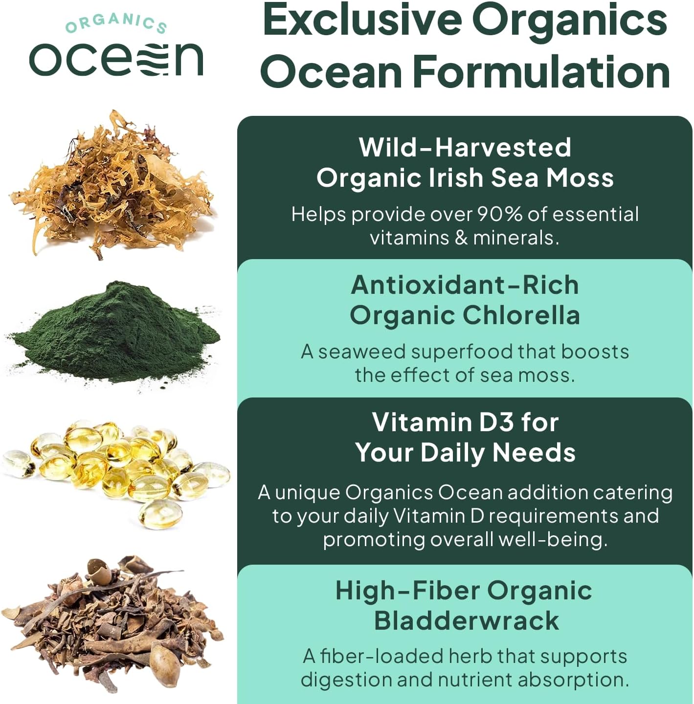 Organics Ocean Wild Sea Moss Capsules - 100% Organic Irish Sea Moss with Organic Chlorella, Bladderwrack and Vitamin D - 6 Bottles - görsel 5