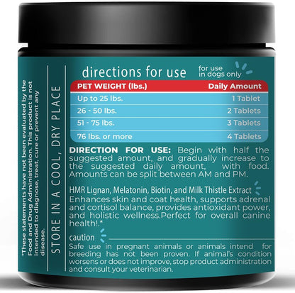 HMR Lignan + Melatonin + Biotin + Milk Thistle for Dogs | 4-in-1 Formula | 90 Chewable Tablets | Natural Beef Flavour