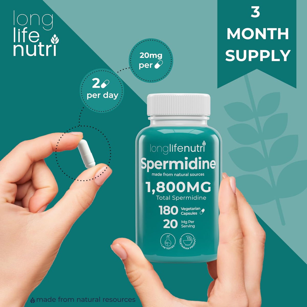 LongLifeNutri Spermidine 20mg - 180 Vegan Capsules (3-Month Supply) - görsel 5