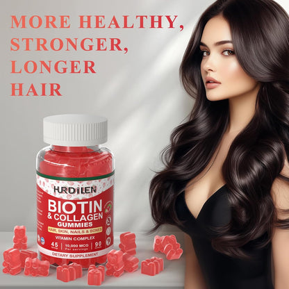 Hurdilen Hair, Skin and Nails Gummies - 10000mcg Biotin & Collagen, 90 Gummies for Women and Men