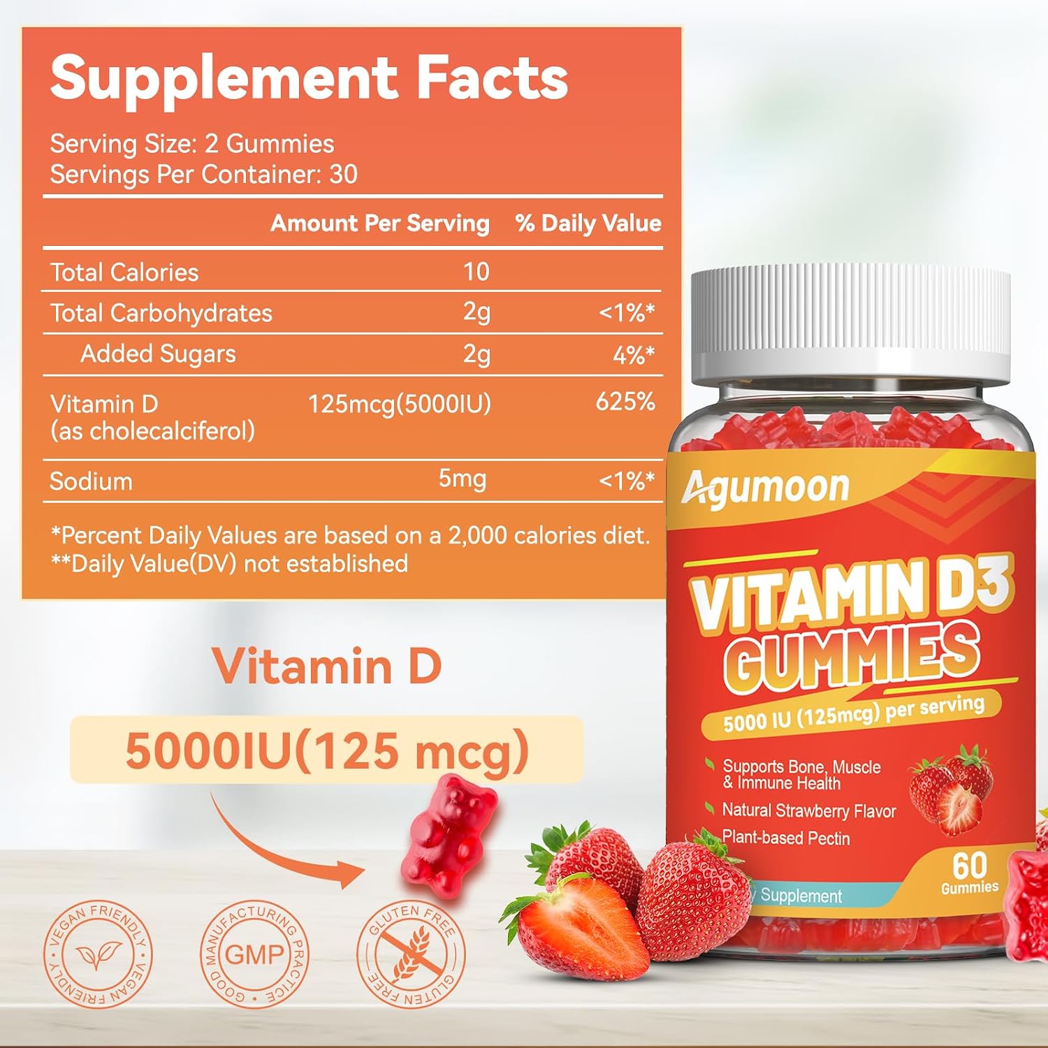 Agumoon Vitamin D3 5000 IU Gummies - Immune, Bone & Muscle Support - Non-GMO, Gluten-free, Dairy-Free - Strawberry Flavour - 60 Gummies - görsel 2