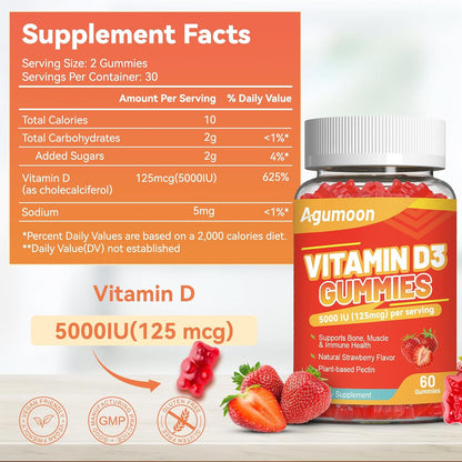 Agumoon Vitamin D3 5000 IU Gummies - Immune, Bone & Muscle Support - Non-GMO, Gluten-free, Dairy-Free - Strawberry Flavour - 60 Gummies
