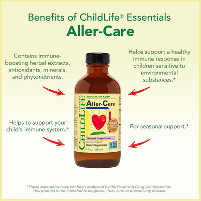CHILDLIFE ESSENTIALS Aller-Care - Natural Liquid Relief for Children & Toddlers, Seasonal Support Syrup with Elderberry, Zinc, Bromelain & Vitamin C, Immune Support Formula - 118 ml