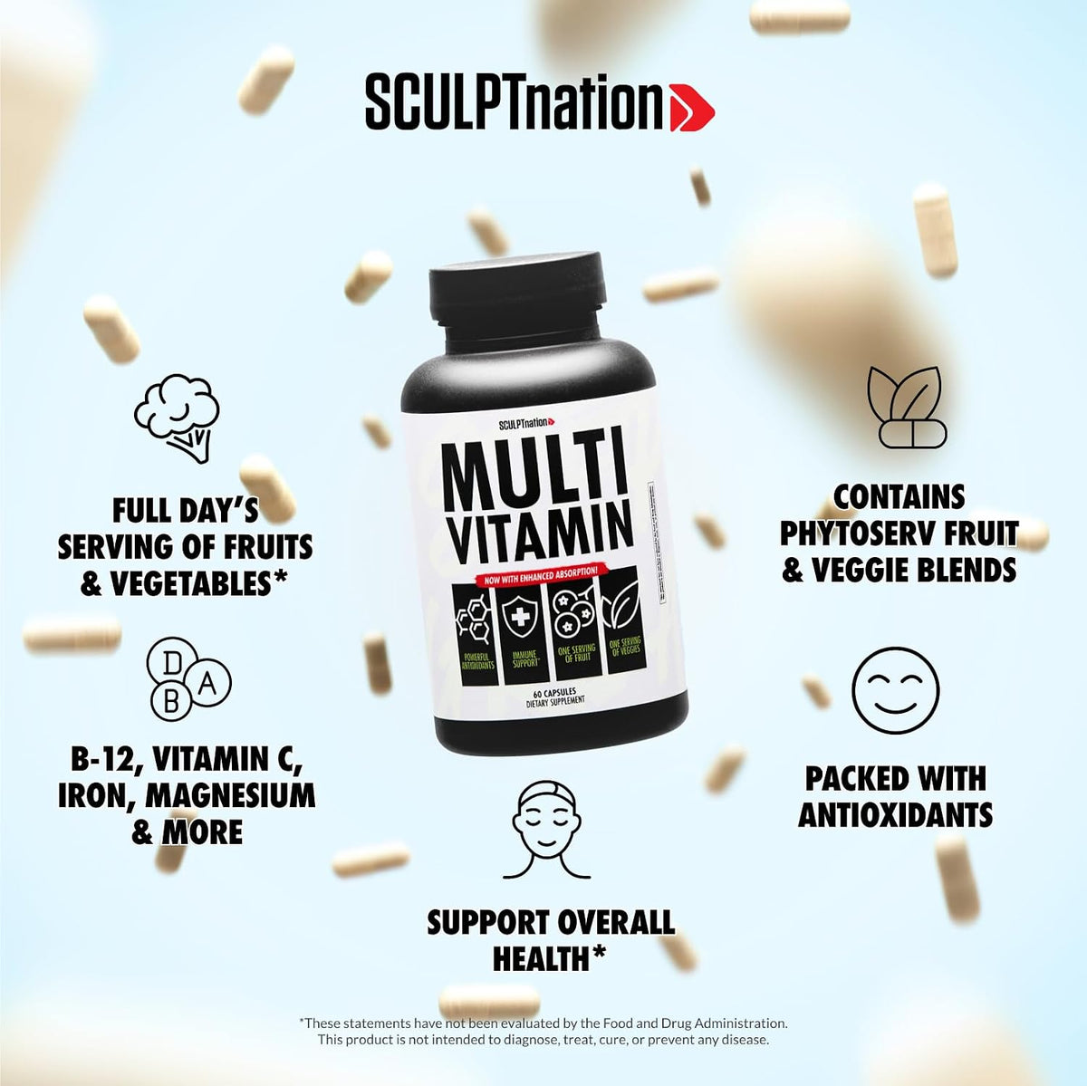 Sculpt Nation by V Shred Multivitamin - Daily Multivitamin for Women and Men with Zinc, Vitamin C, and Copper, Nutritional Support with One Serving of Fruit and Vegetables - 60 Capsules - görsel 2
