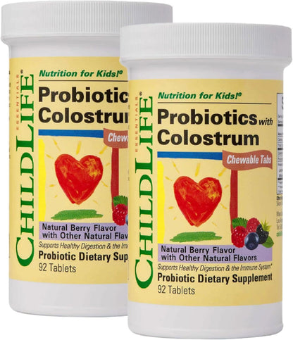 CHILDLIFE ESSENTIALS ChildBiotics with Colostrum - Probiotics for Kids, Chewable Children's Probiotics for Digestive Health, Colostrum for Kids - Natural Berry Flavour, 92 Tablets (Pack of 2)