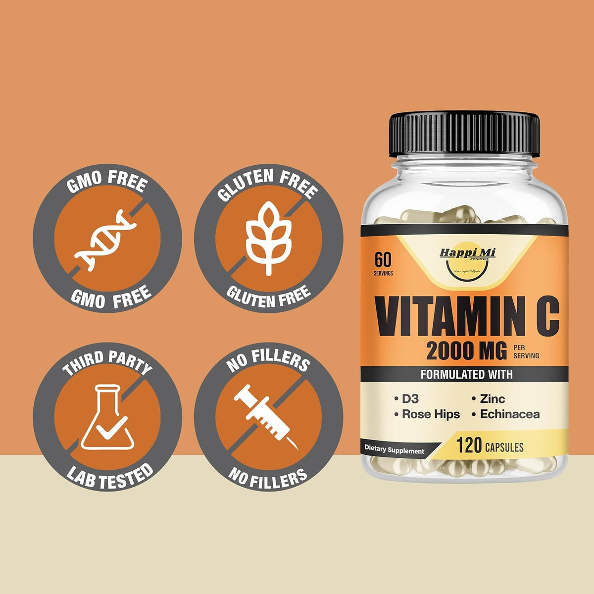 Vitamin C 2000mg per Serving with Zinc 40mg & Vitamin D3 5000 IU – Echinacea Extract & Rose Hip – 120 Vegan Capsules, 60 Day Supply, Non-GMO, No Fillers - görsel 7
