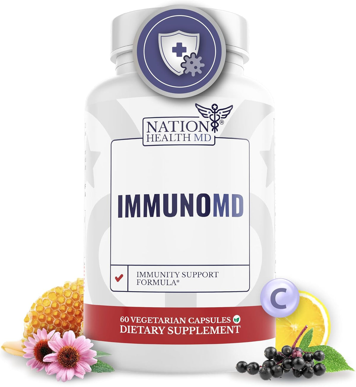 NATION HEALTH MD Immune Support Supplement with Elderberry, Zinc, Vitamin C, D3 & E - 60 Capsules - görsel 1