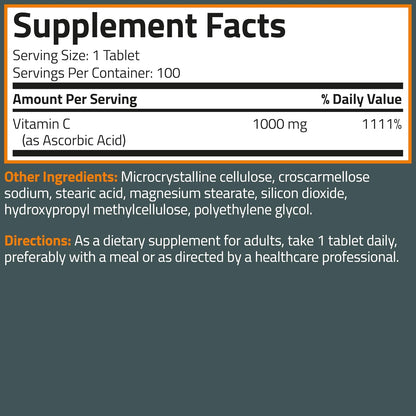 Bronson Vitamin C 1000mg Extra Strength – High Potency Immune Support – 100 Vegetarian Tablets
