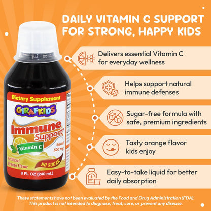 GirafKids Liquid Vitamin C for Children Aged 4+ | 8 fl oz, 500mg | Sugar-Free Formula with Safe, Premium Ingredients | Delicious Orange Flavour | Immune Support & Energy Boost