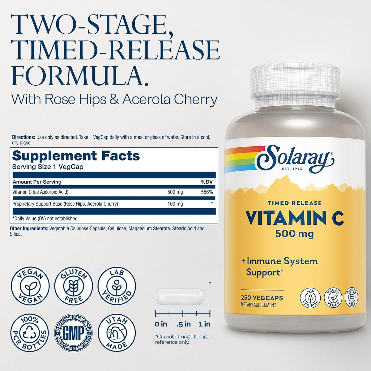 SOLARAY Vitamin C 500mg, Two-Stage Timed Release with Rose Hips and Acerola, 250 Veg Caps - görsel 2