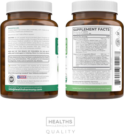 USDA Organic Super Greens Supplement - Organic Fruits & Vegetable Supplement with 28 Superfood Complex - Vegan & Non-GM Tablets