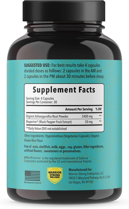 Pure Organic Ashwagandha Capsules with BioPerine - 2400 mg - 120 Capsules