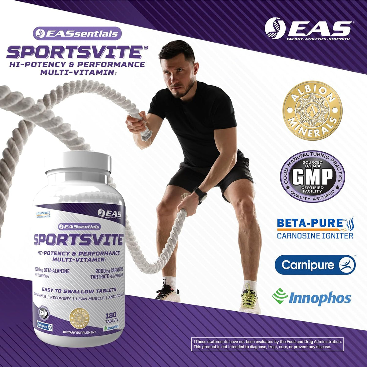 EAS SportsVite High Potency Multivitamin for Athletes | Vitamin & Mineral Nutrient Blend | 2300mg Beta Alanine, 2000mg Carnitine Tartrate | 180 Tablets - görsel 6